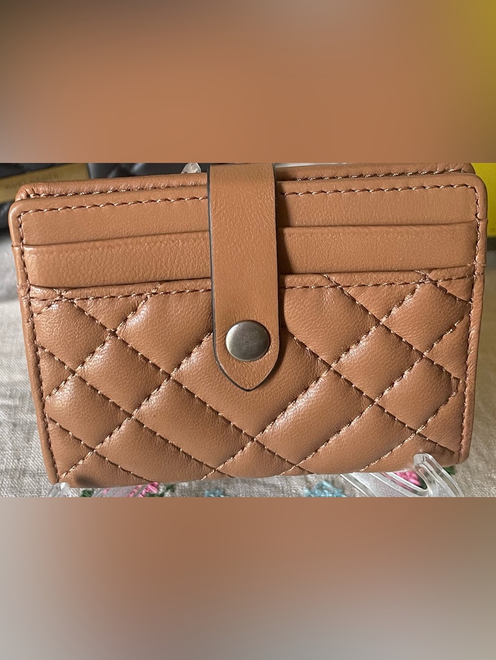 “Kurt Geiger London” Quilted Camel Color Leather Card Holder/Mini Wallet.